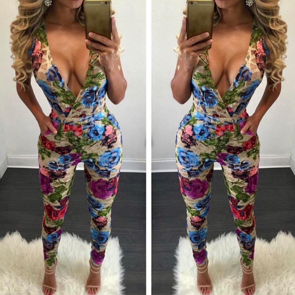 Sleeveless Floral Sheer Mesh Jumpsuit Size Medium